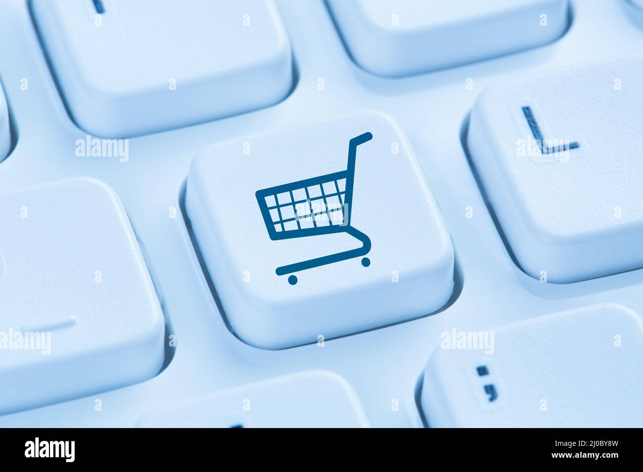 Online shopping e-commerce shopping internet blue computer keyboard Stock Photo
