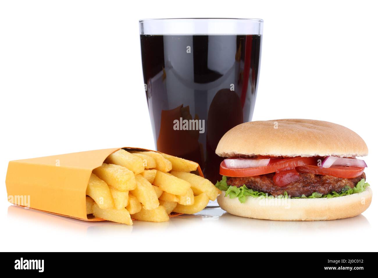 Hamburger Menu Menu with French fries Cola drink free plate Stock Photo