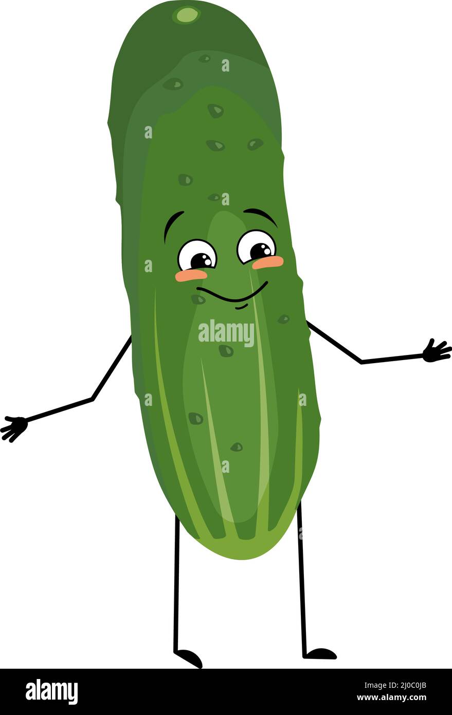 Cucumber character with happy emotion, joyful face, smile eyes, arms and legs. Person with expression, green vegetable or emoticon. Vector flat illustration Stock Vector