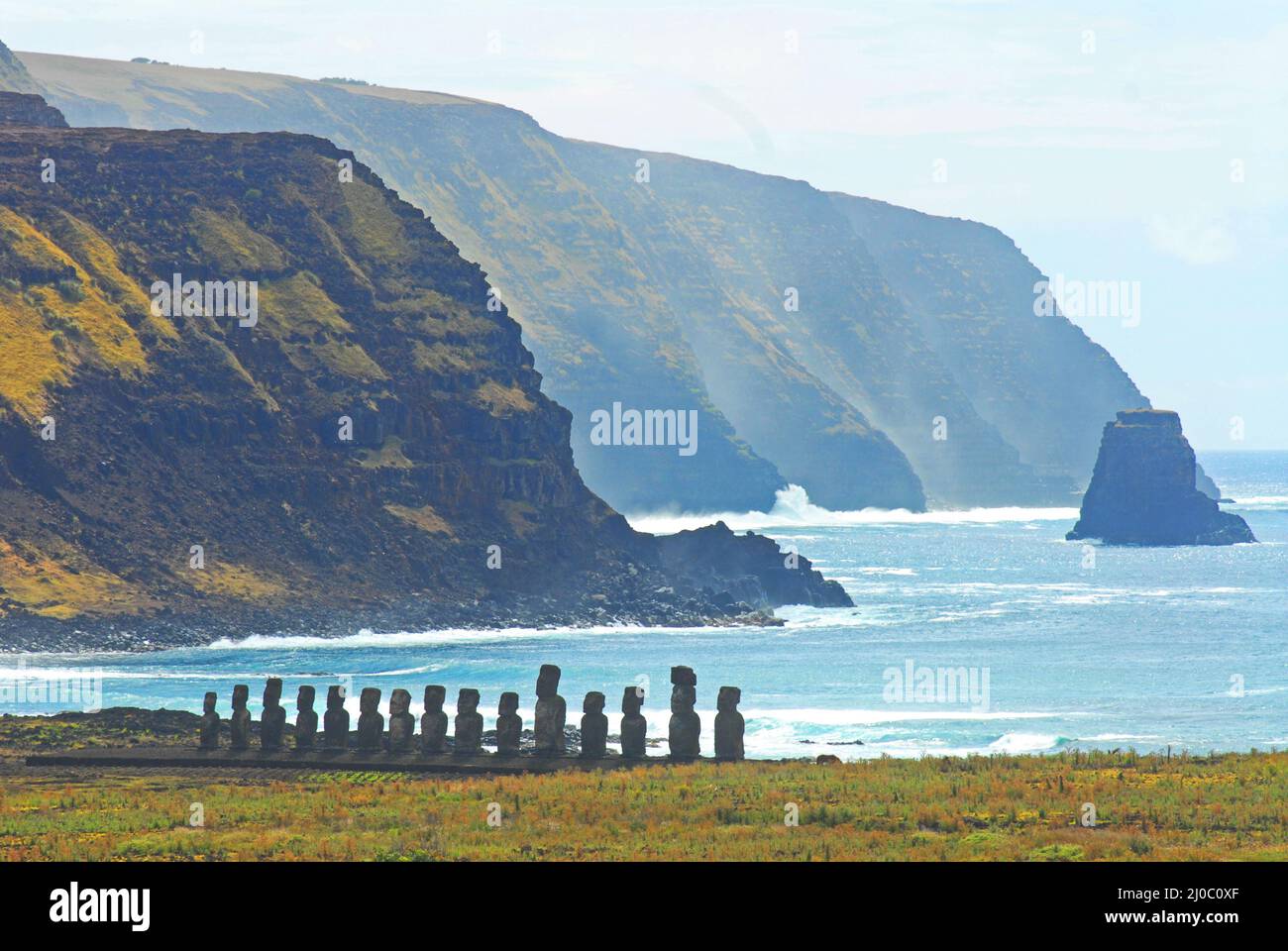 Moais at Ahu Tongariki. located in Hanga Nui, on the southeast coast of Easter Island, Chile Stock Photo