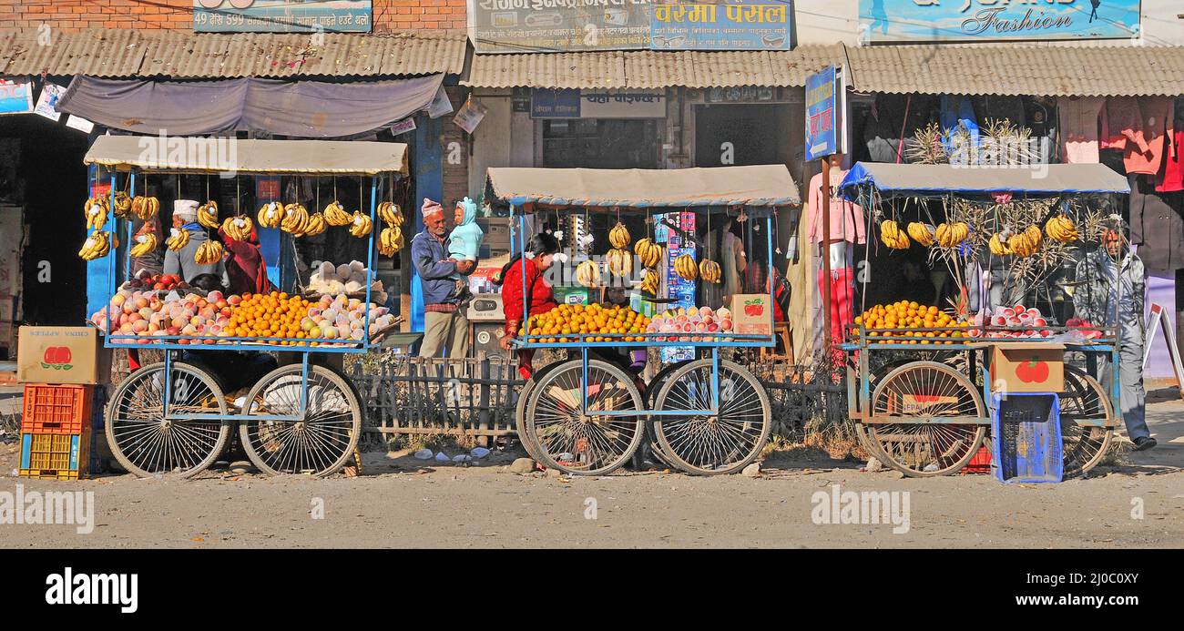 stall of fruits and vegetables in street  of Banepa village, Nepal Stock Photo