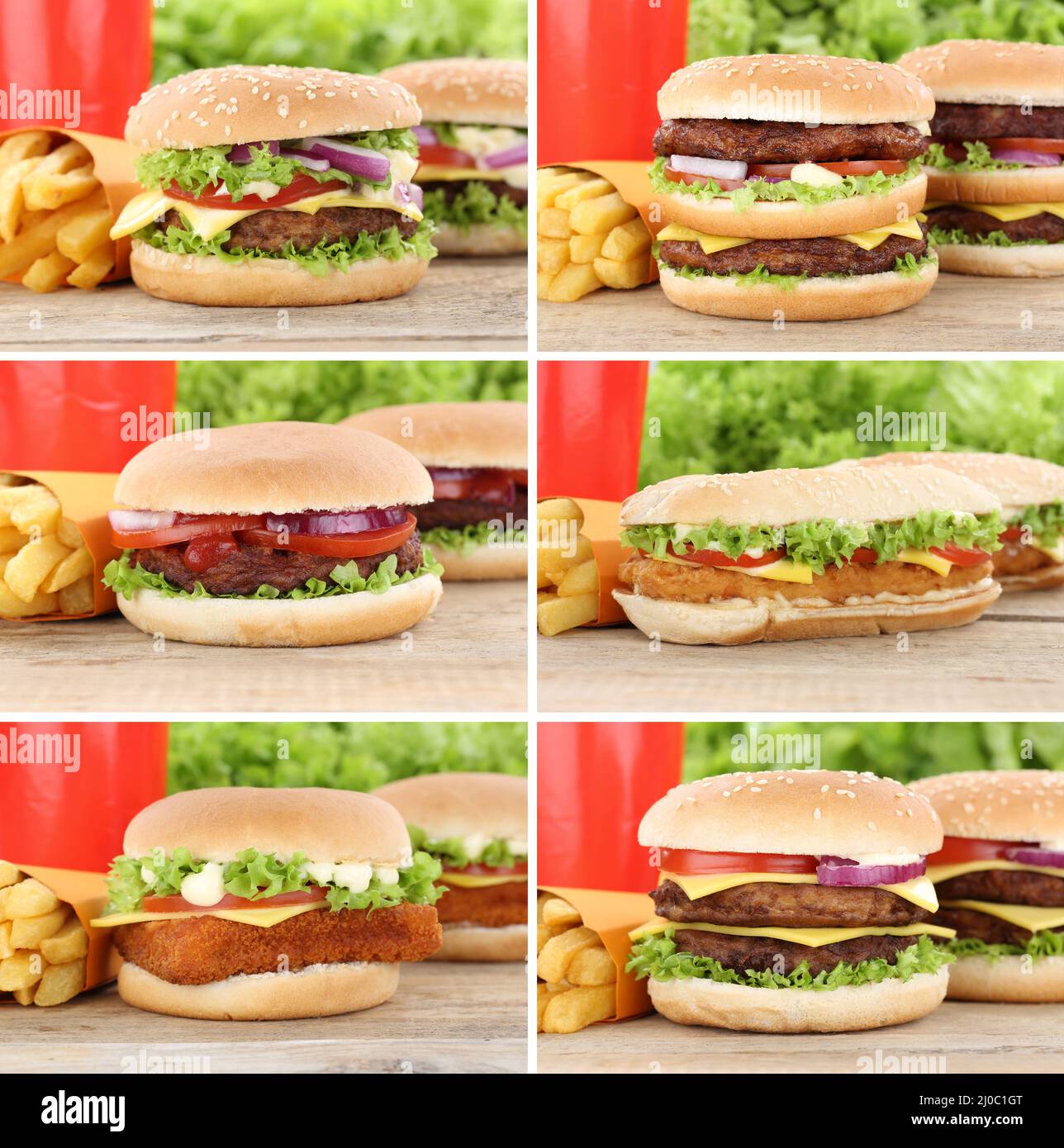 Hamburger Collection Collage Cheeseburger Menu Fries Drink Stock Photo