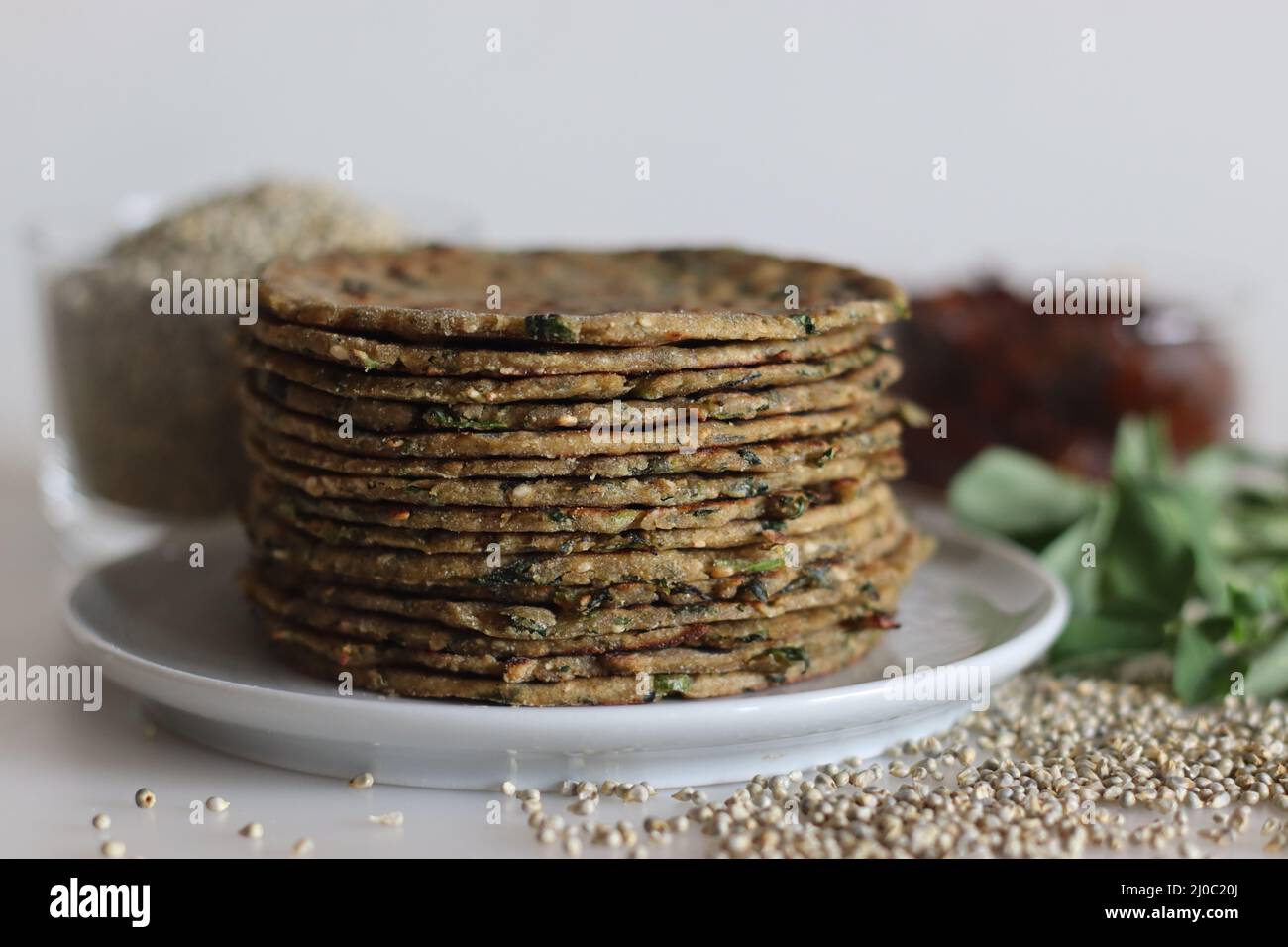 Bajra methi thepla. Indian flat bread made of pearl millet flour, fenugreek leaves, sesame seeds