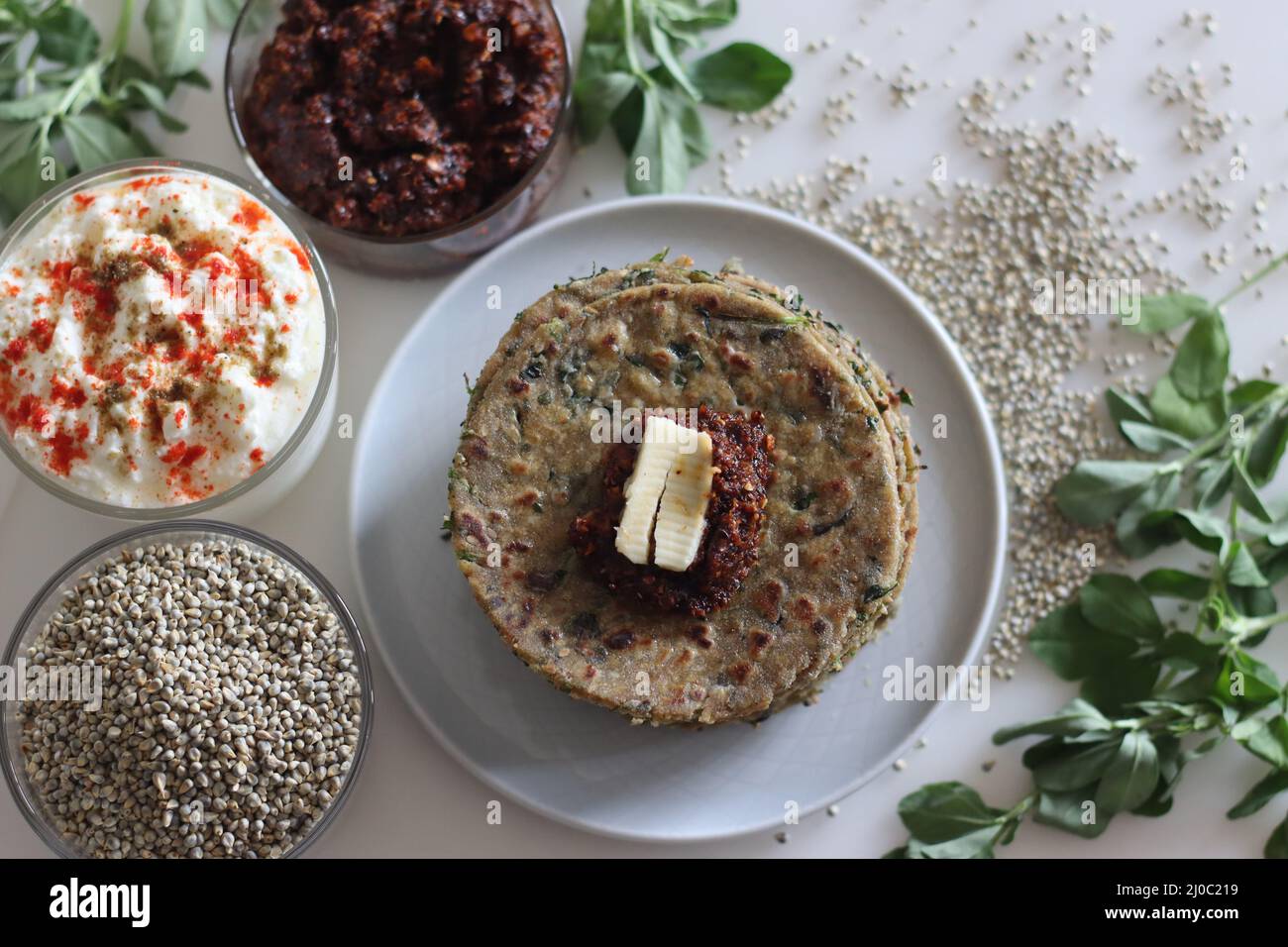 Bajra methi thepla. Indian flat bread made of pearl millet flour, fenugreek leaves, sesame seeds