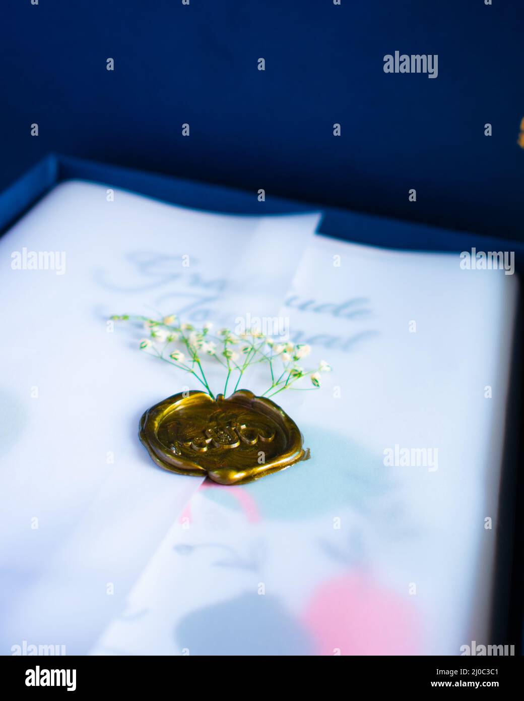 A picture of a gratitude journal which can be used to write about what you are grateful for everyday, which help in self improvement Stock Photo