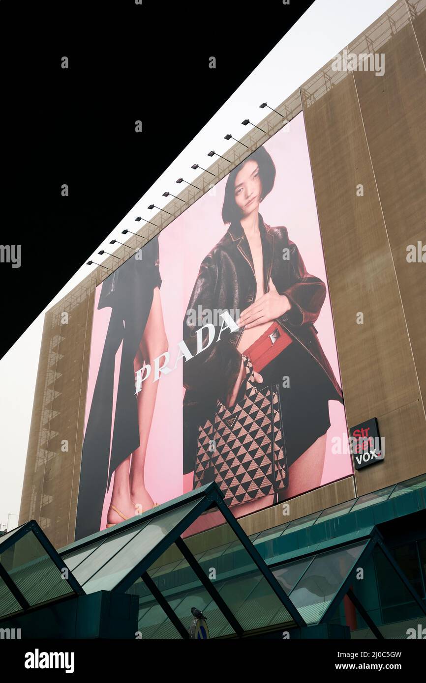 Milano, piazzale Cadorna, wide advertising billboard of Prada brand, Italy,  March 2022 Stock Photo - Alamy