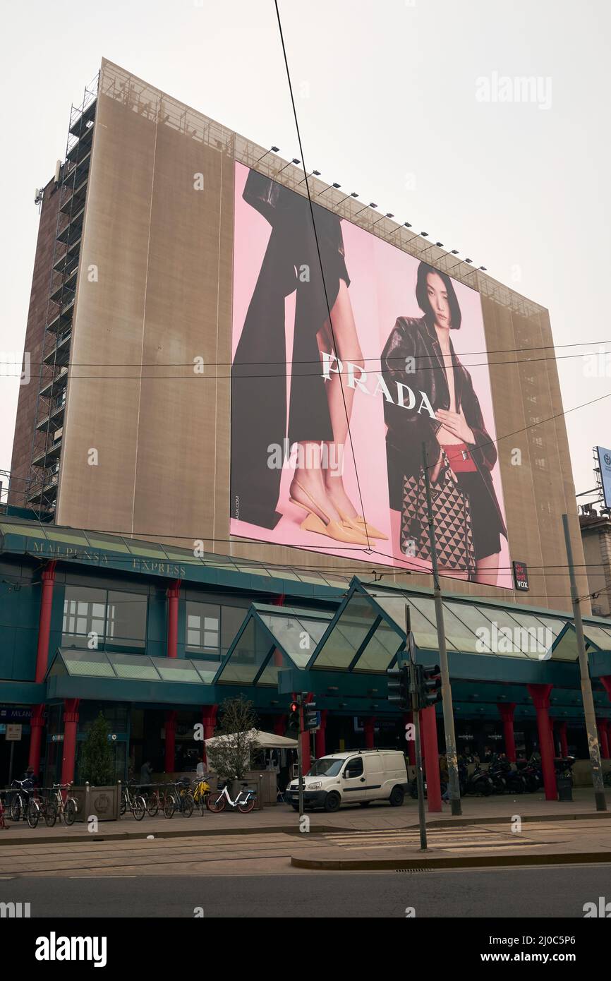 Milano, piazzale Cadorna, wide advertising billboard of Prada brand, Italy,  March 2022 Stock Photo - Alamy