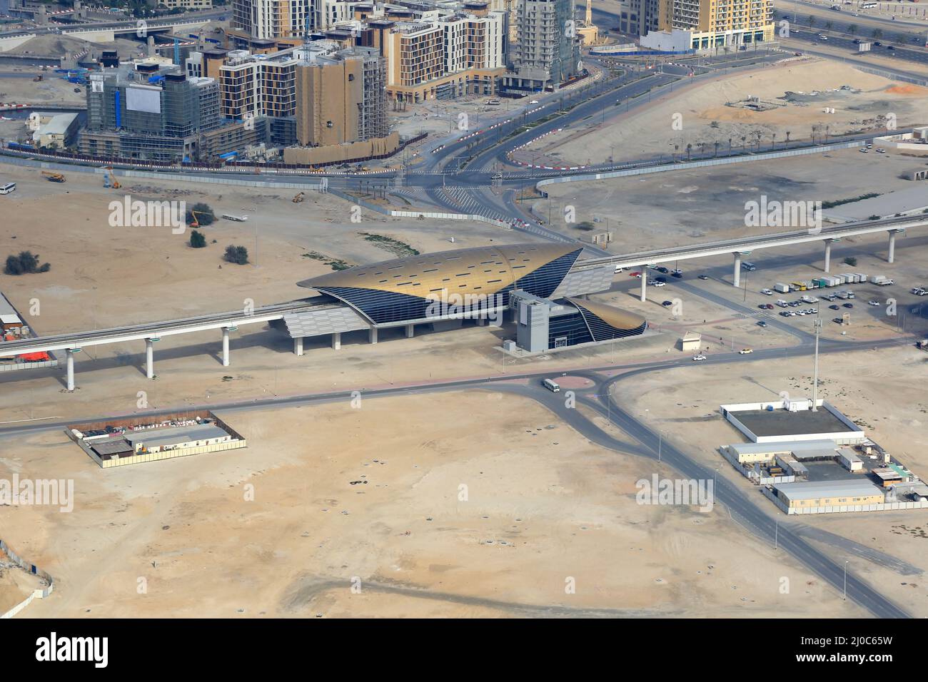 Dubai Al Jadaf Metro stop aerial view aerial photo Stock Photo - Alamy