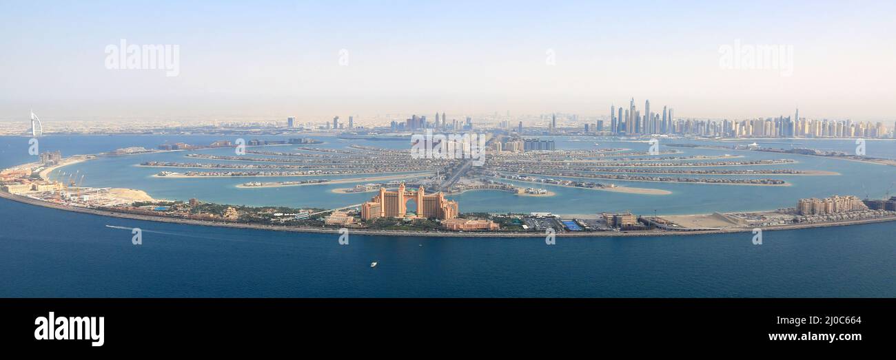 Dubai The Palm Jumeirah Palm Island Atlantis Hotel Panorama Marina Aerial View Aerial Photo Stock Photo