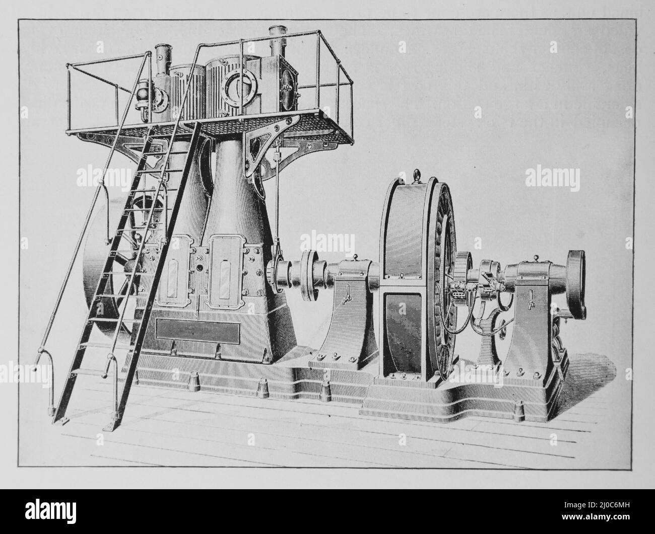 A vertical compound engine built by the Ball Engine Co, Erie, PA. Black and White Illustration; Stock Photo