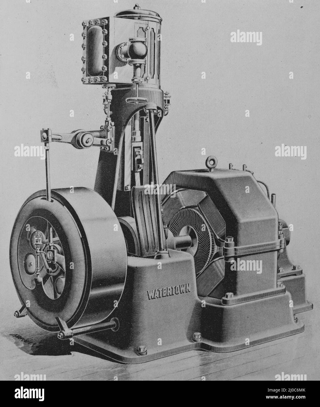 Direct-connected engine built by the Watertown Steam Engine Company, Watertown New York. Black and White Illustration; Stock Photo