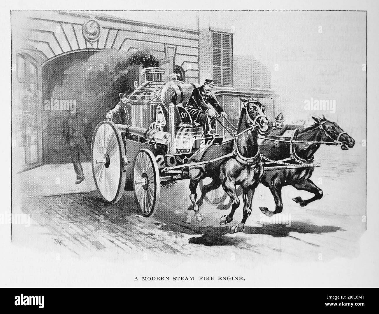 American Horse-drawn Steam Fire Engine of the 1890s; Black and White Illustration; Stock Photo