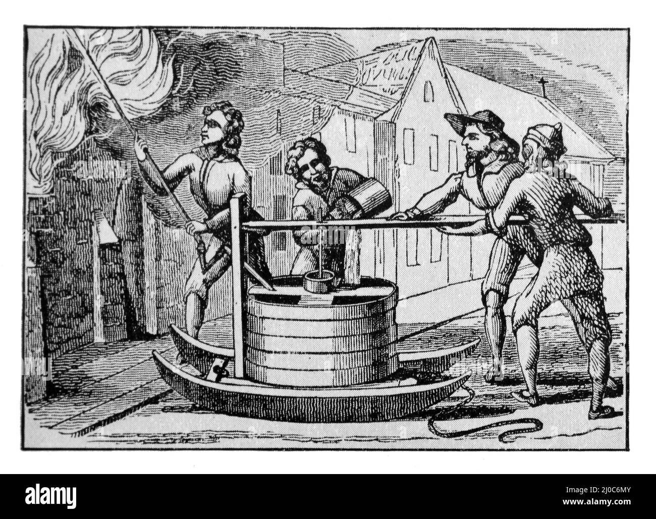 A German Fire Pump of 1615: Black and White Illustration; Stock Photo
