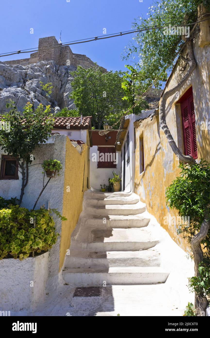 Acropolis, Athens, traditional small white lime stairs in Plaka
