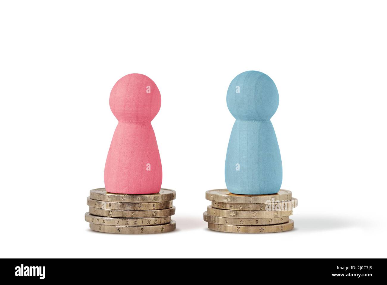 Pink and blue pawns on piles of coins - Gender pay equality concept Stock Photo
