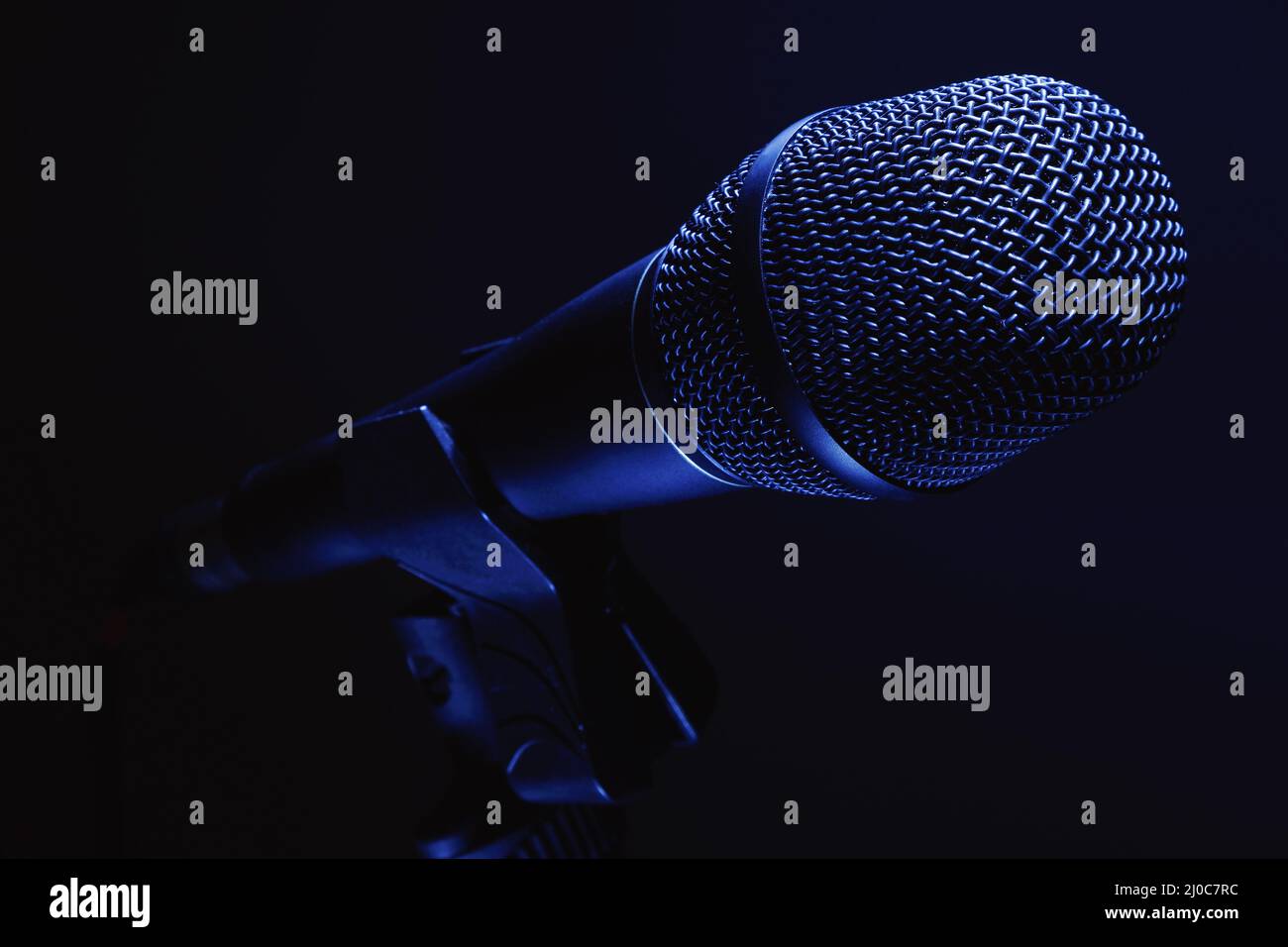 Closeup view of vocal condenser microphone, modern design. Stock Photo