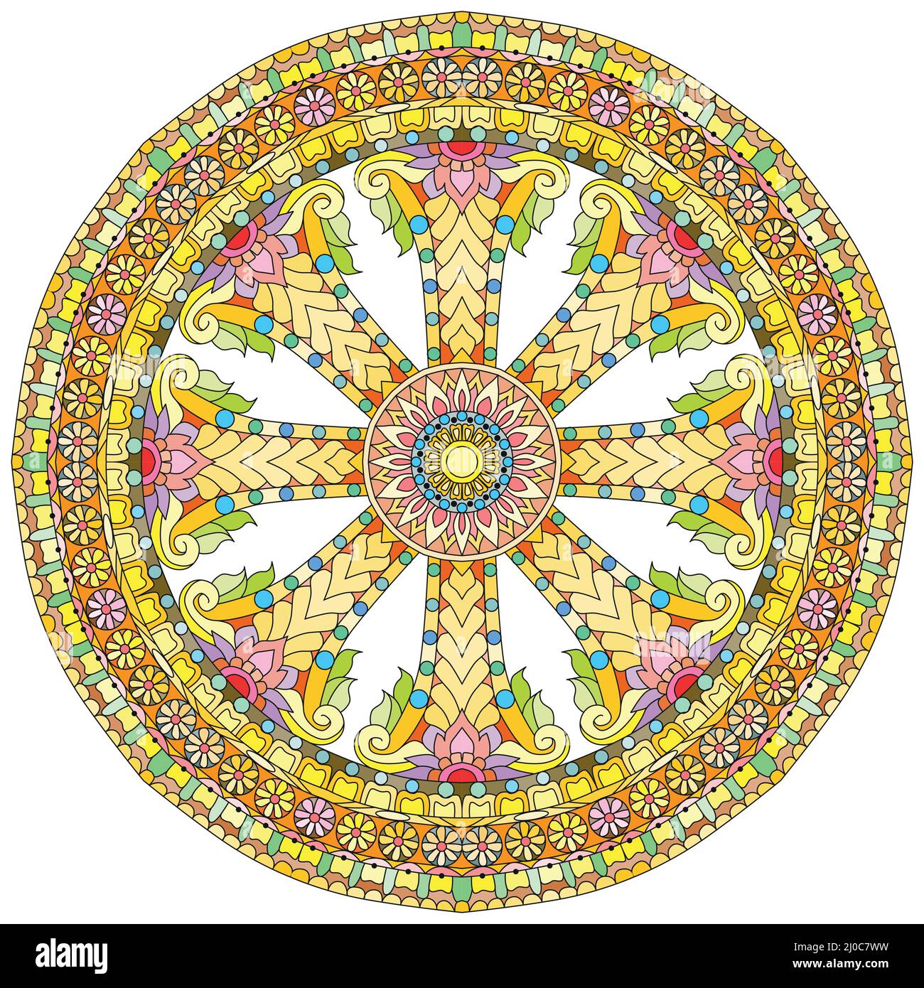 Dharma Wheel, Dharmachakra. Symbol of Buddha teachings on the path to enlightenment, liberation from the karmic. Stock Vector