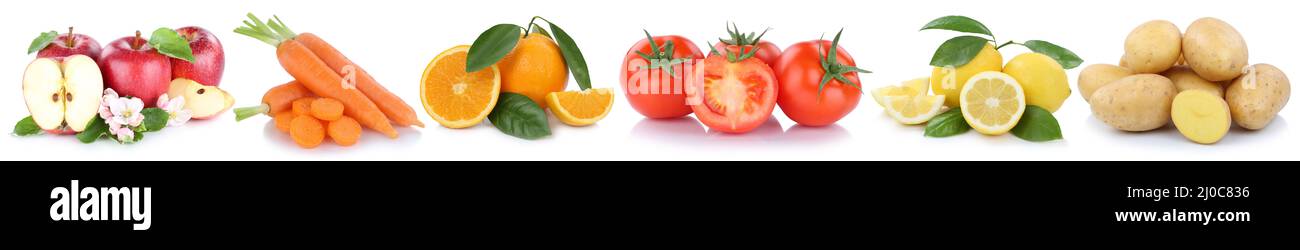 Fruit and vegetables fruits apples, oranges lemons carrots tomatoes food free plate in a row Stock Photo