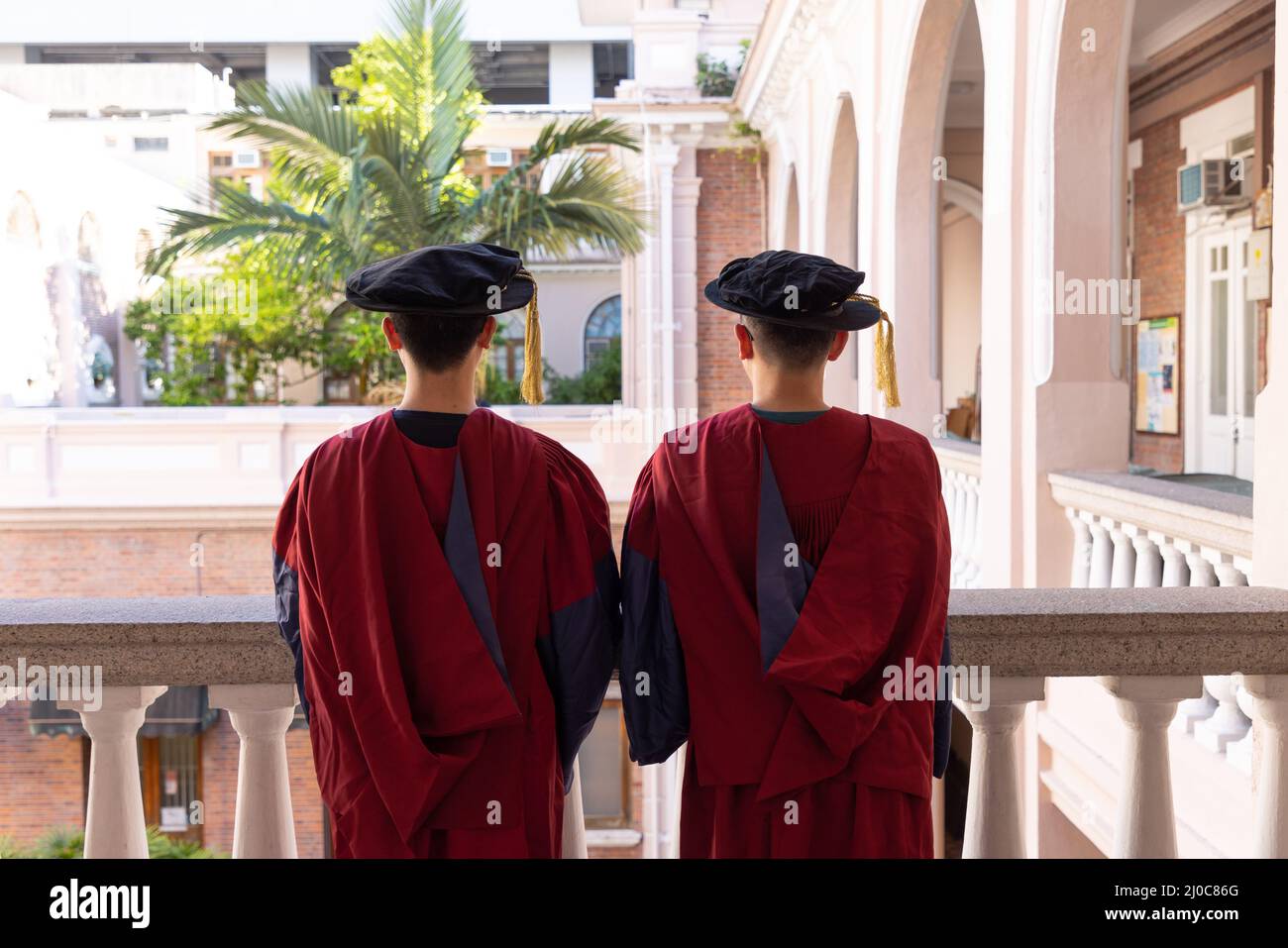 two happy proud PhD graduated male students in Academic dress gown. back view Stock Photo