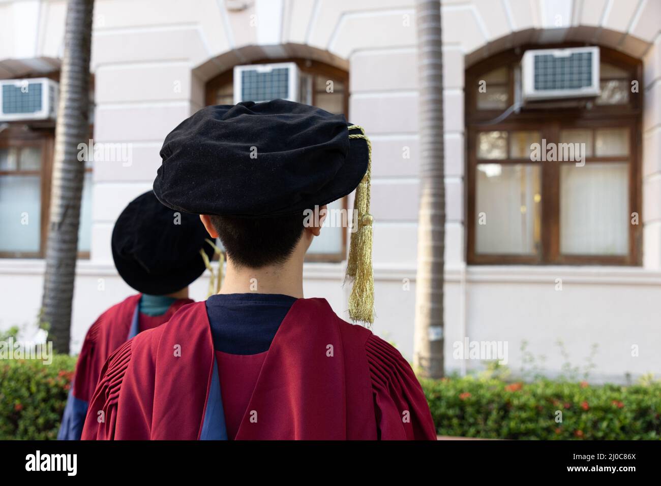 two happy proud PhD graduated male students in Academic dress gown. back view Stock Photo