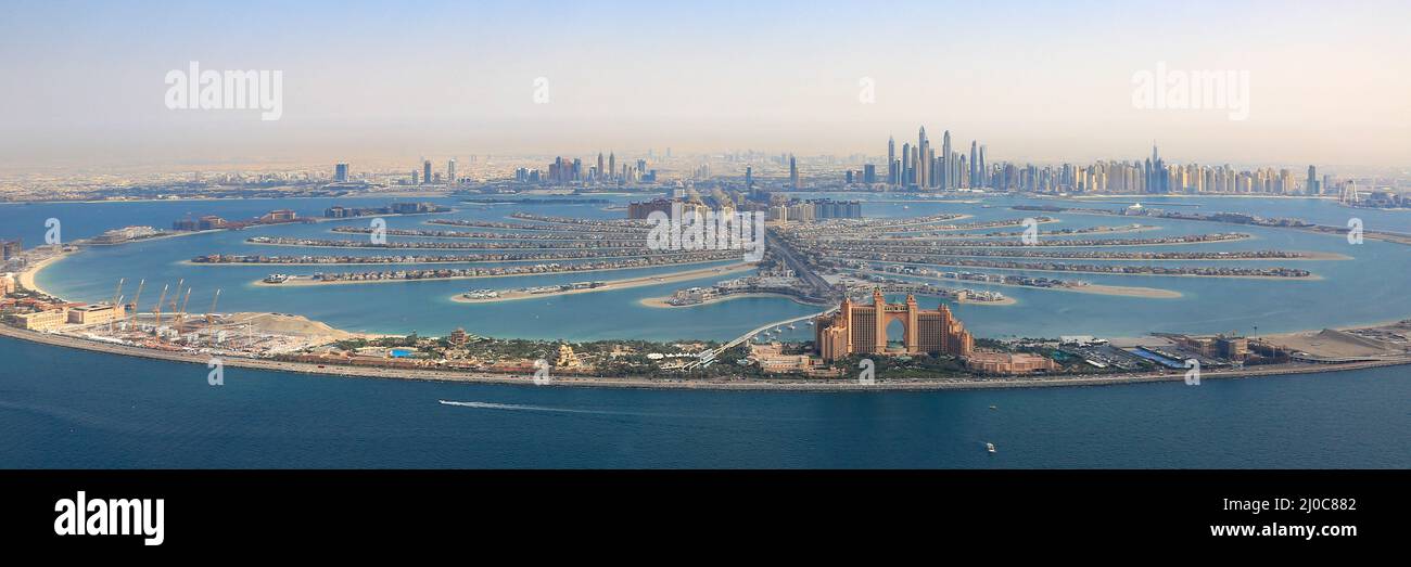 Dubai The Palm Jumeirah Palm Island Atlantis Hotel Panorama Marina Aerial View Aerial Photo Stock Photo