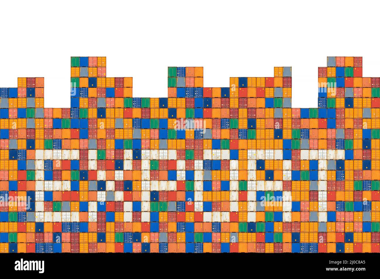 Composition of cargo containers with white containers showing the word Export Stock Photo