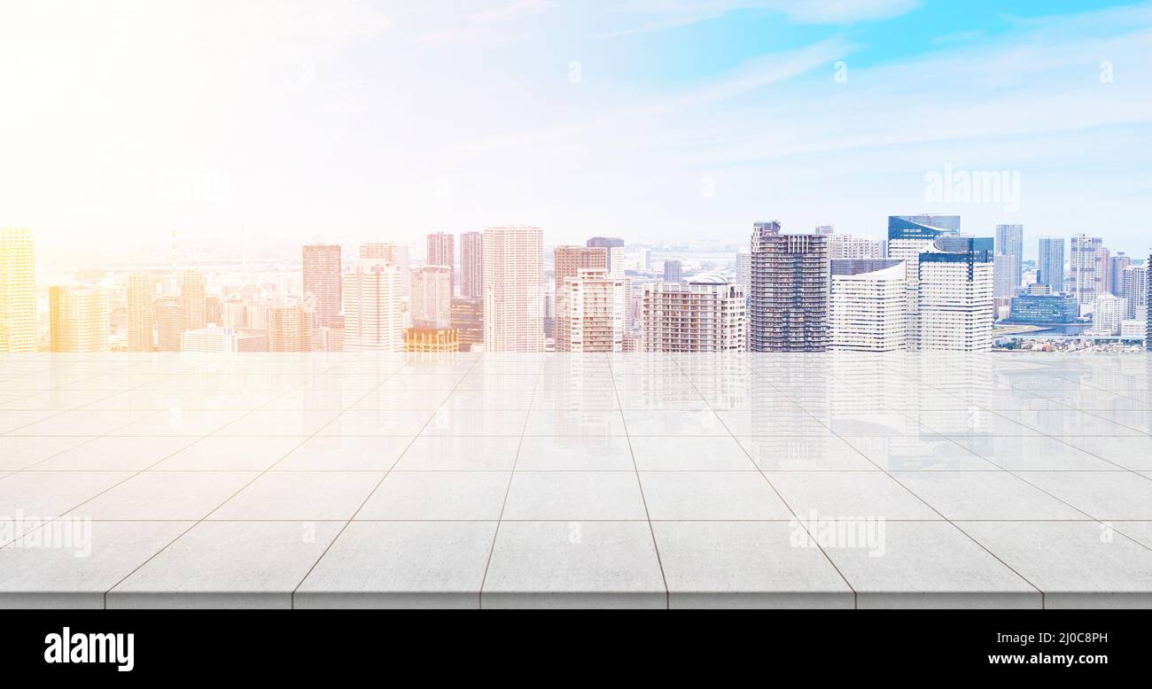 Business concept - Empty concrete floor top with panoramic modern cityscape building bird eye aerial view under sunrise and morn Stock Photo