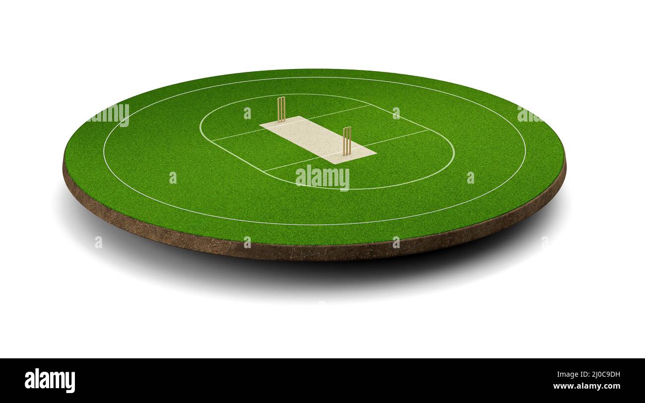 3D render of cricket pitch wickets sports game field with green lawn