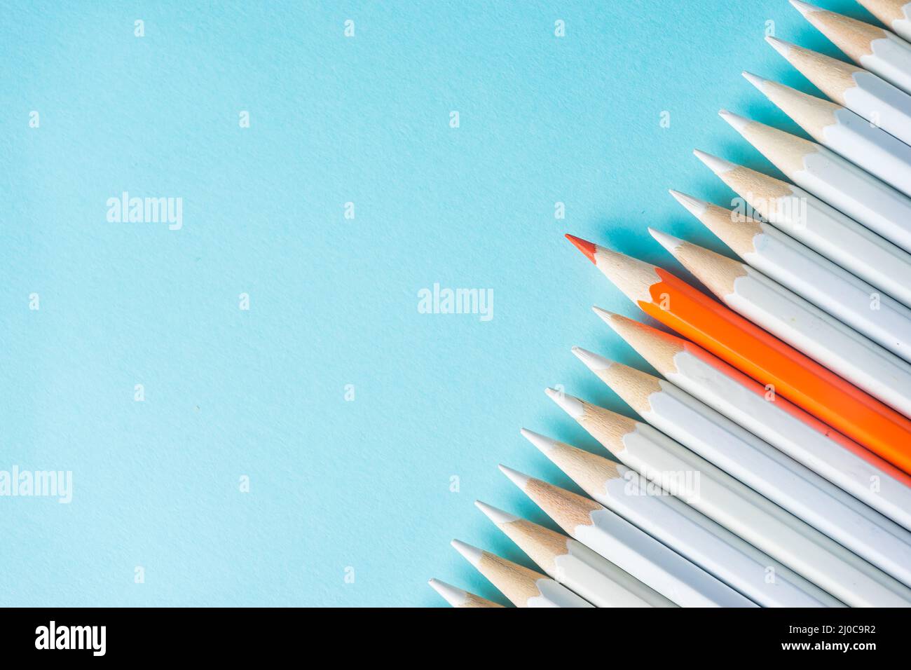 Business concept - lot of white pencils and color pencil on blue paper ...