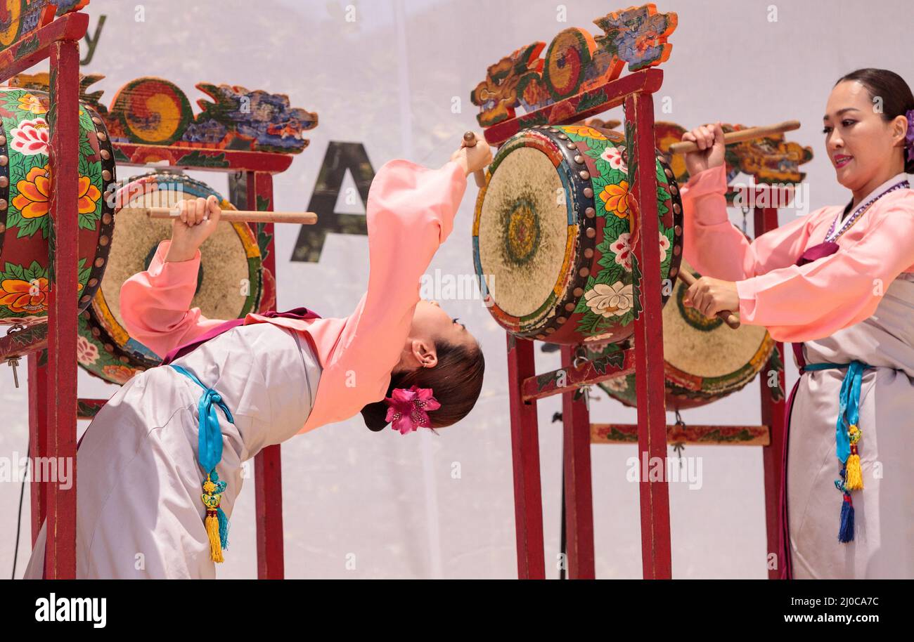 Korean drum dance performed at the San Diego Zoo Safari park Stock Photo