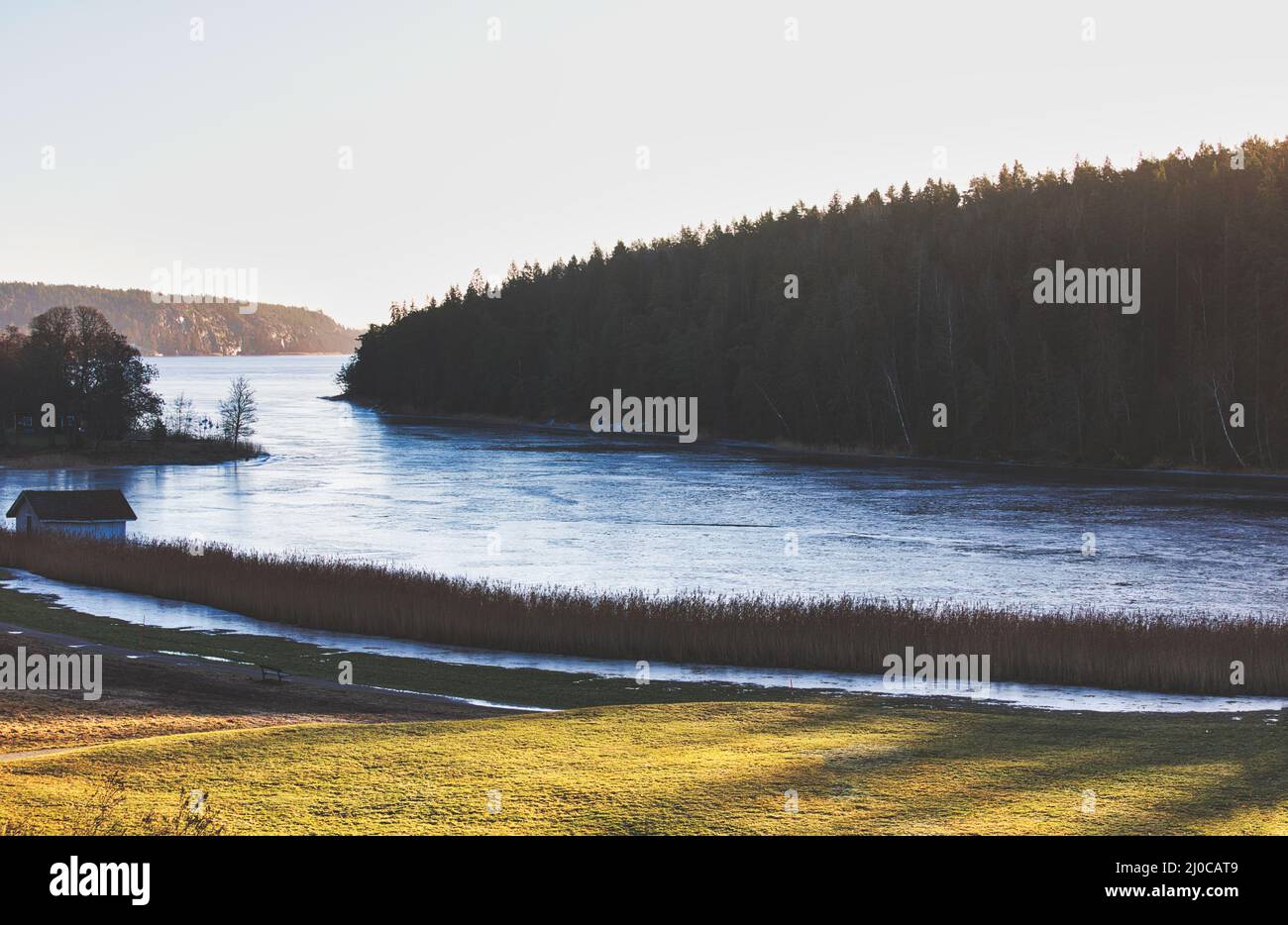 Frozen Kalvfjarden seen from Tyreso Palace Gardens, Tyreso, Stockholm