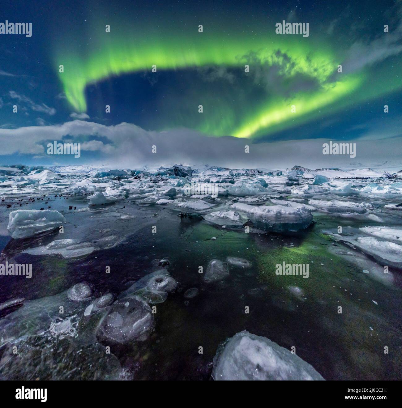 northern lights at Jokulsarlon glacier lagoon, southeast Iceland Stock