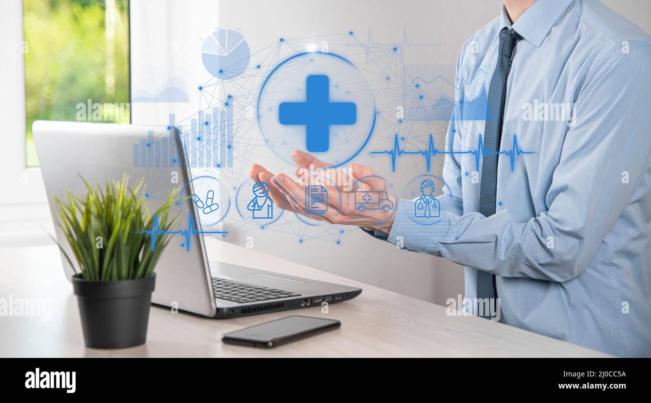 Businessman hold virtual plus medical network connection icons. Covid ...