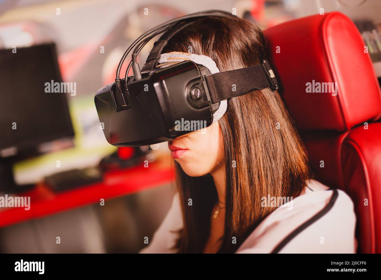 Woman play the video game with virtual reality device Stock Photo