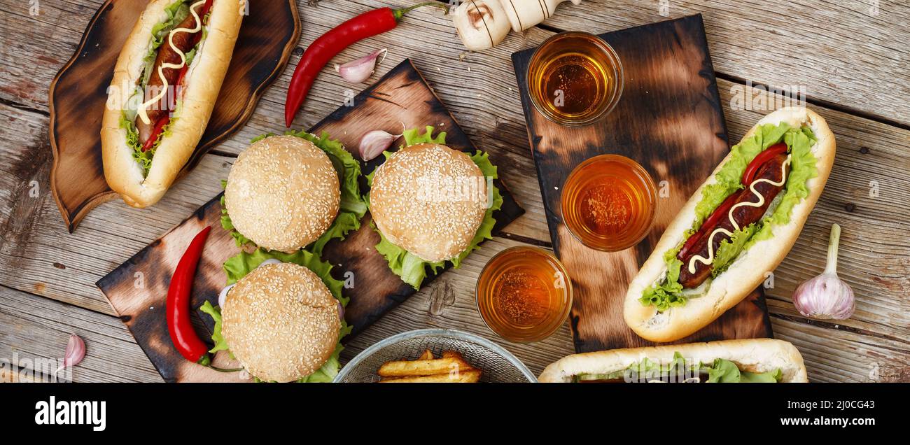 Festival of beer. Hot dogs, hamburgers, barbecue. Concept of eating