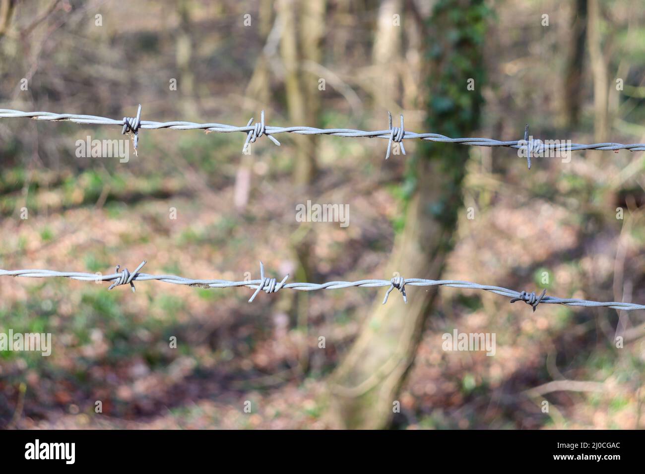 Keep out of the countryside, barbed wire fencing in the countryside Stock Photo