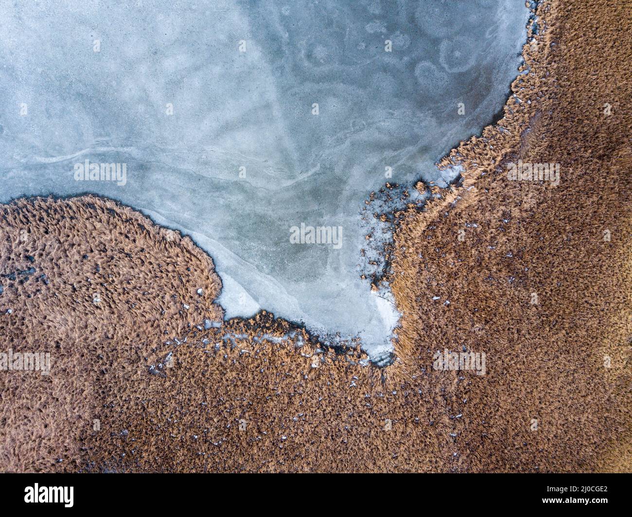 Bird's eye view of a frozen lake in the middle of a golden forest Stock ...