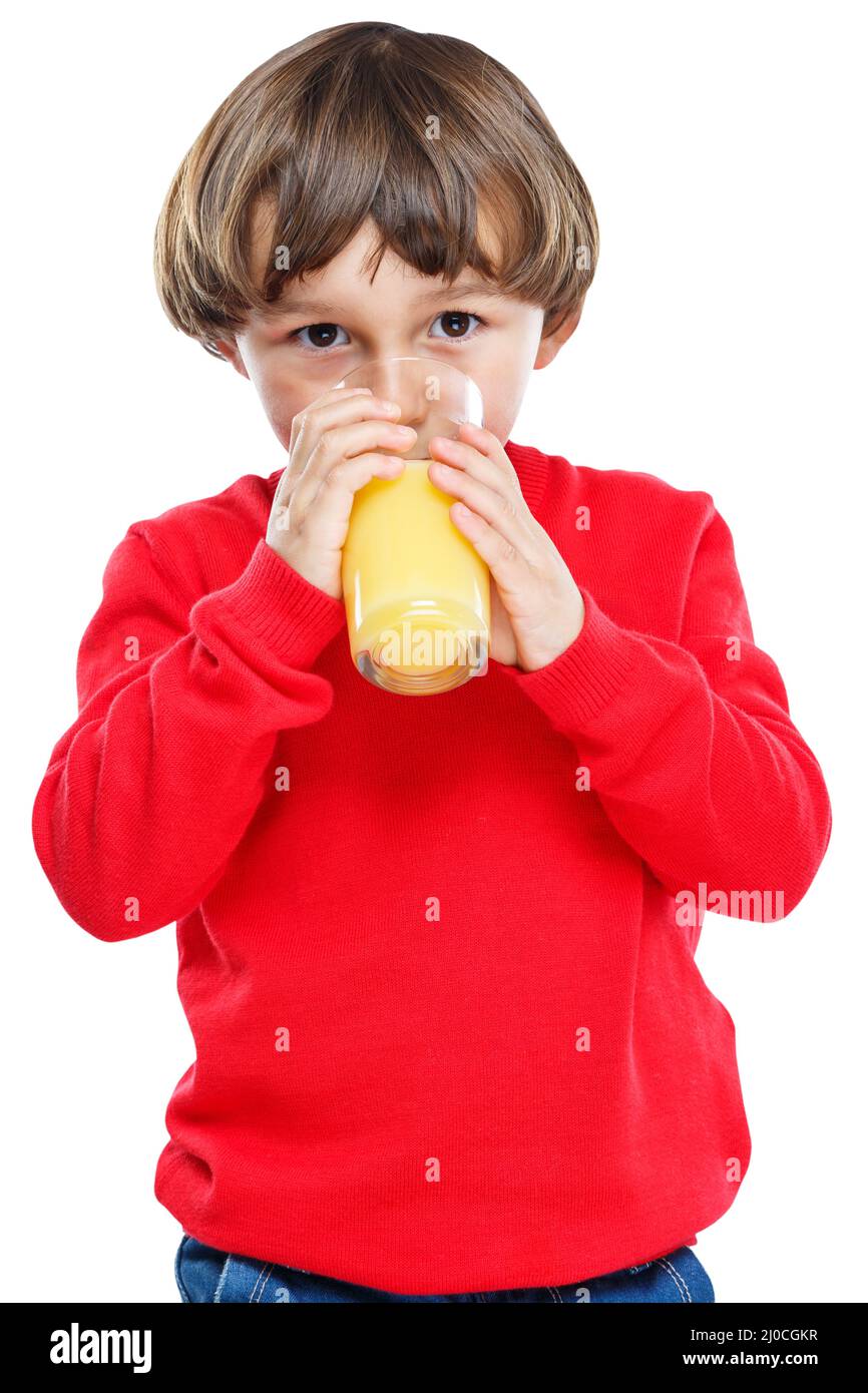 Child drinking orange juice healthy diet portrait crop isolated Stock