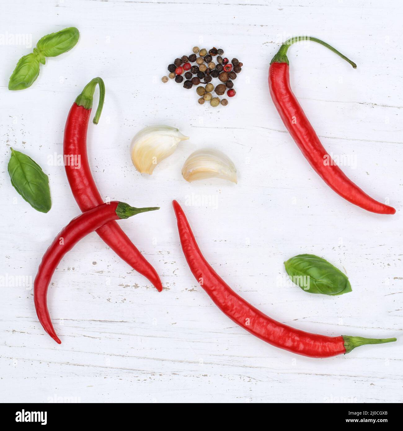 Red hot pepper cooking ingredients square background from above Stock ...