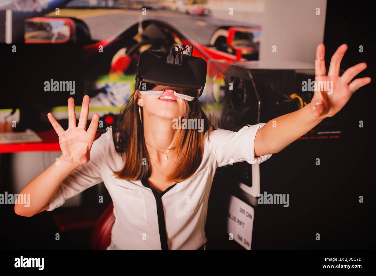 Woman play the video game with virtual reality device Stock Photo