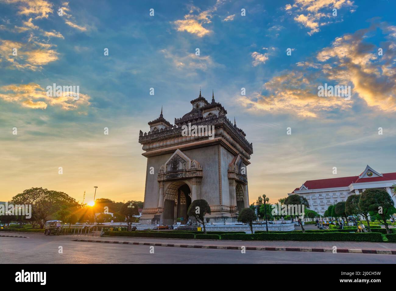 Vientiane Laos, sunset city skyline at Patuxai (Patuxay) the most famous landmark in Vientiane Stock Photo