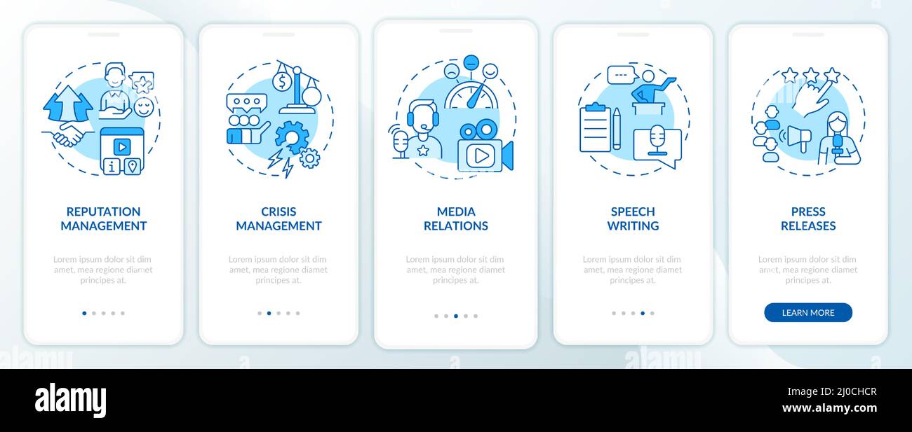 PR services types blue onboarding mobile app screen Stock Vector