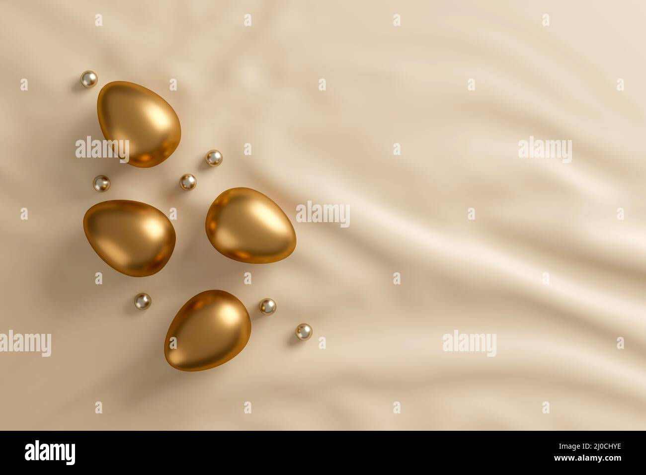 golden easter eggs and golden ball on white fabric background. flat lay ...