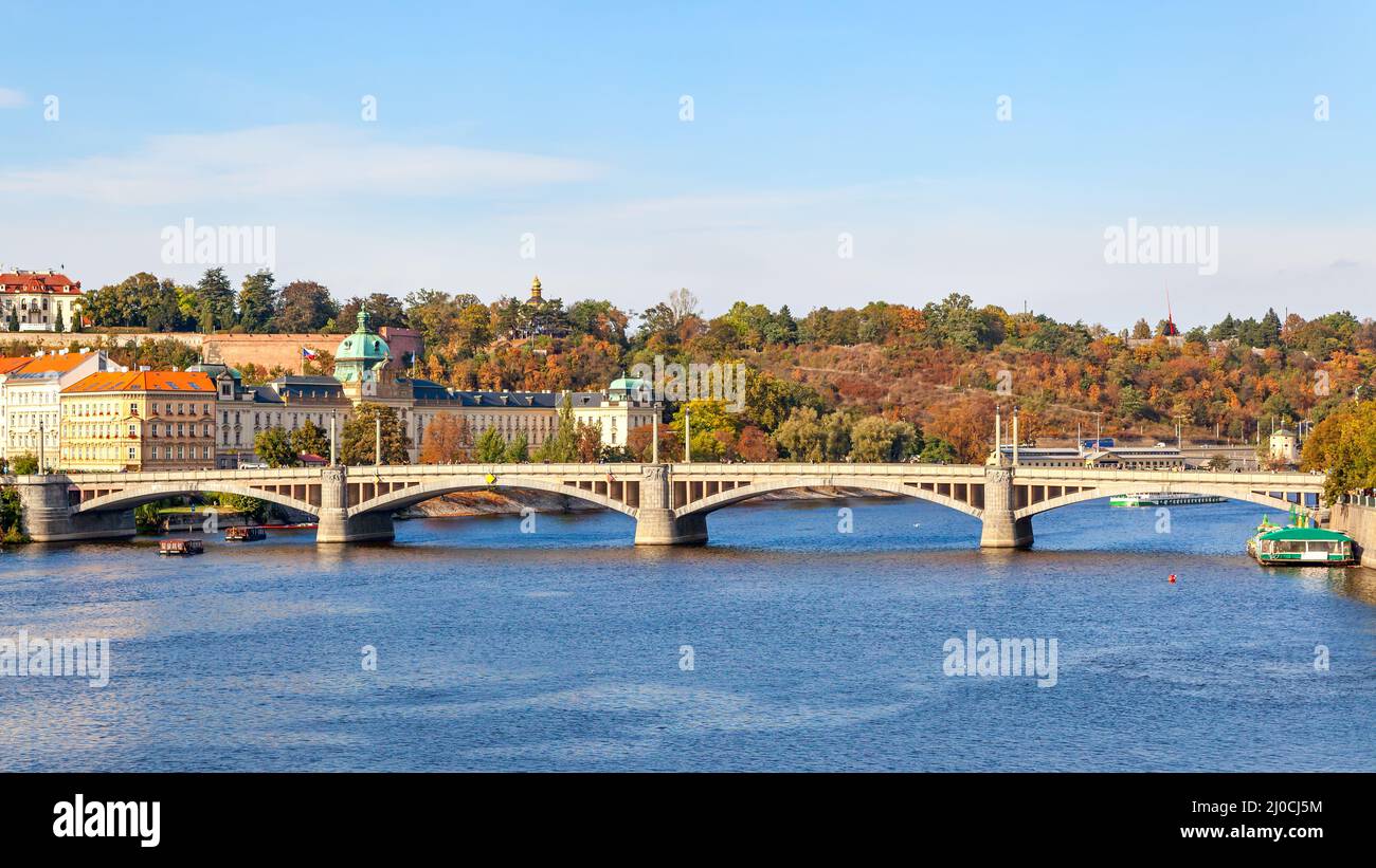 Vltava river and Manes bridge (Manesuv most)  in Prague, Czech Republic Stock Photo