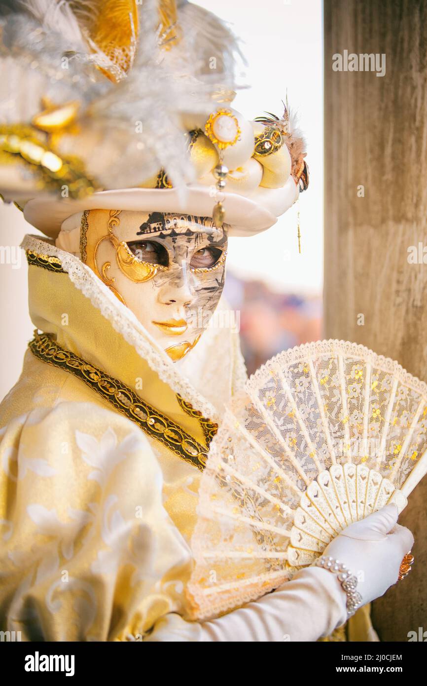 Venice, Italy - February 18, 2017:  Venetian Masks on Venice Carnival. Stock Photo