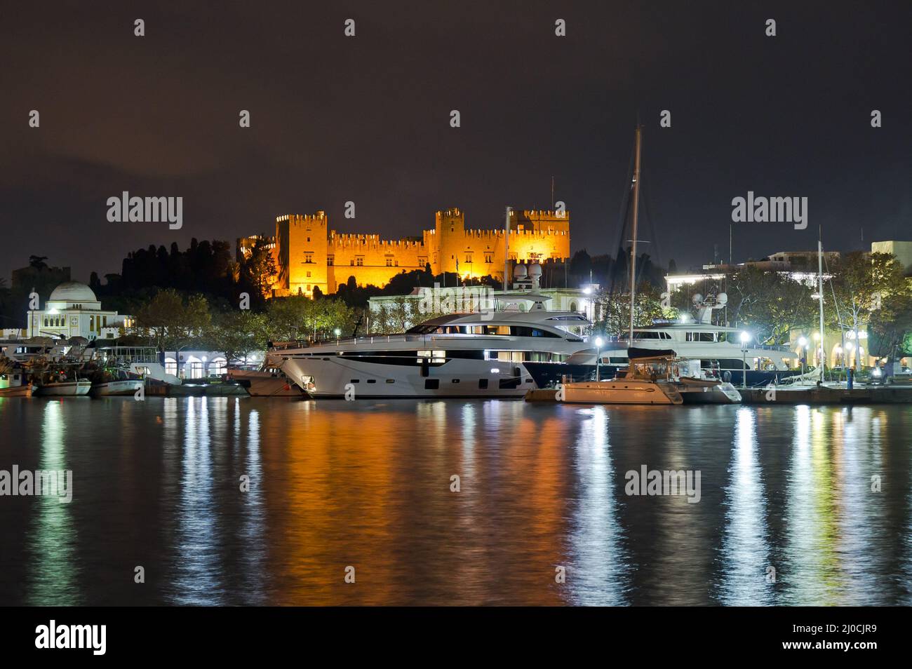 Rhodes, Port night view of Palace of the Grand Master of the Knights, Greece Stock Photo