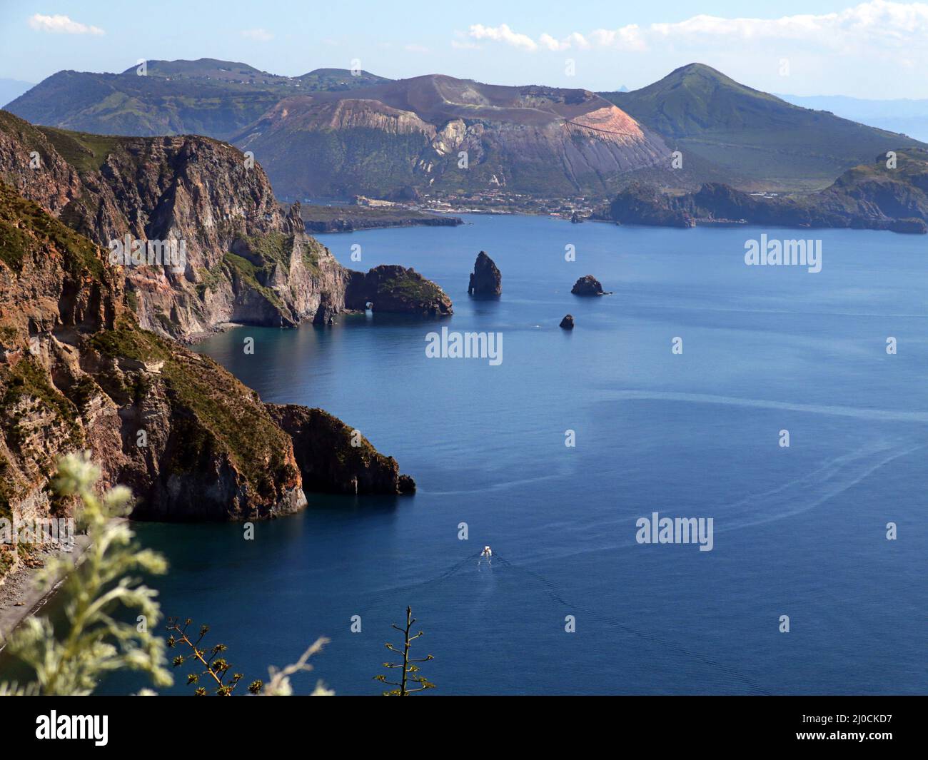 View from Lipari onto the great crater of Vulcano, Aeolian Islands, Italy Stock Photo