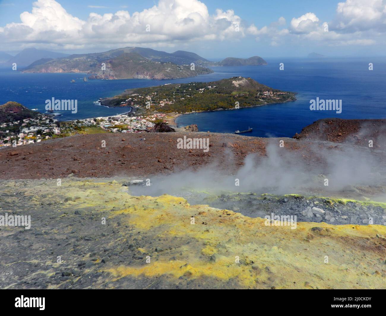 View from the great crater of Vulcano towards Lipari, Aeolian Islands, Italy Stock Photo