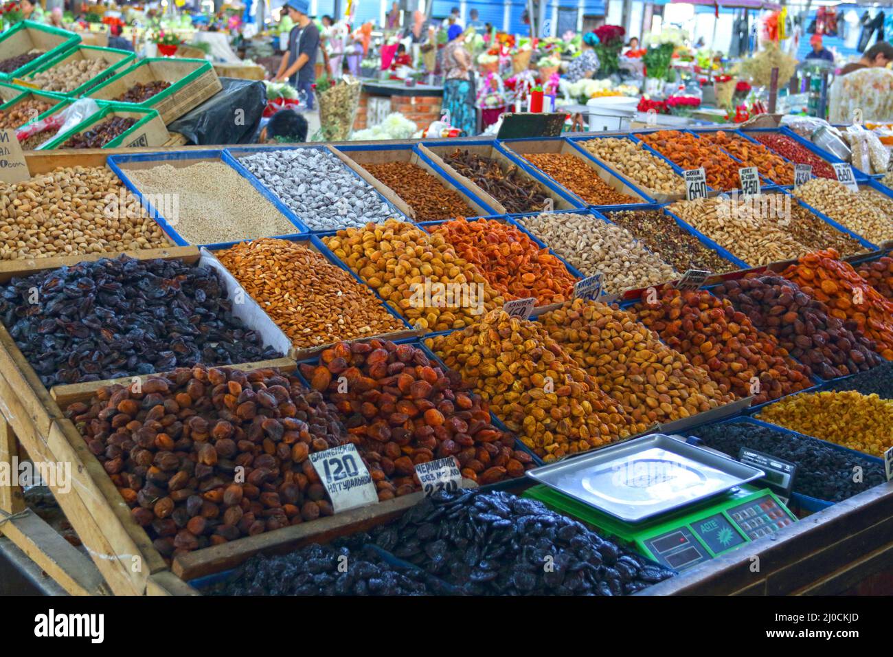 Dried fruits and nuts, Osh Bazaar, Bishkek, Kyrgyzstan Stock Photo