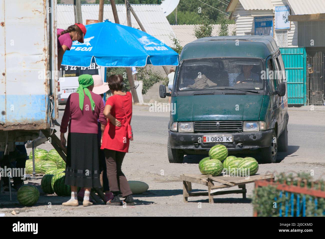Street sale of melons in Grigorievka, Kyrgyzstan Stock Photo